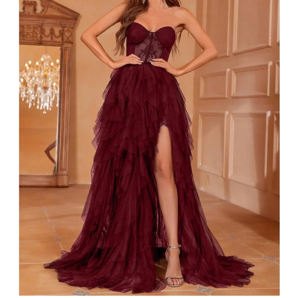 Luxe Strapless Lace Party Holiday Evening Formal Wedding Party - Picture 4 of 15